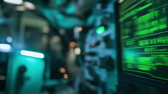 Multiple screens displaying changing green data inside a spaceship control panel, with switches and buttons, suggest complex operations and technological advancement in space exploration