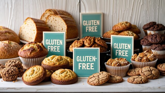 Delicious array of gluten-free treats: bread, muffins and cookies for a healthy diet.
