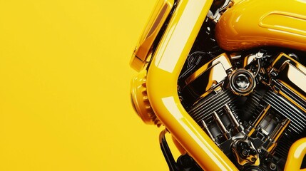 Fototapeta premium Close-up of a vibrant yellow motorcycle engine against a bright background