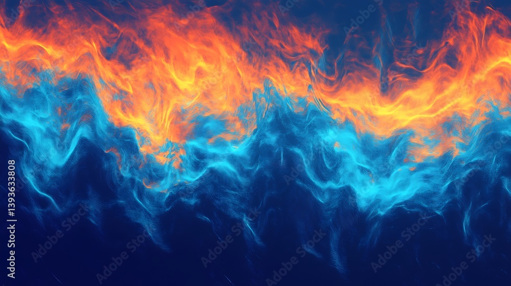Poster an abstract composition of vibrant colors showcasing fiery orange flames converging with deep blue w