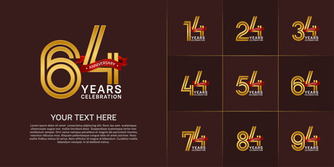 Anniversary logo style double line number set. golden color with red ribbon for celebration event