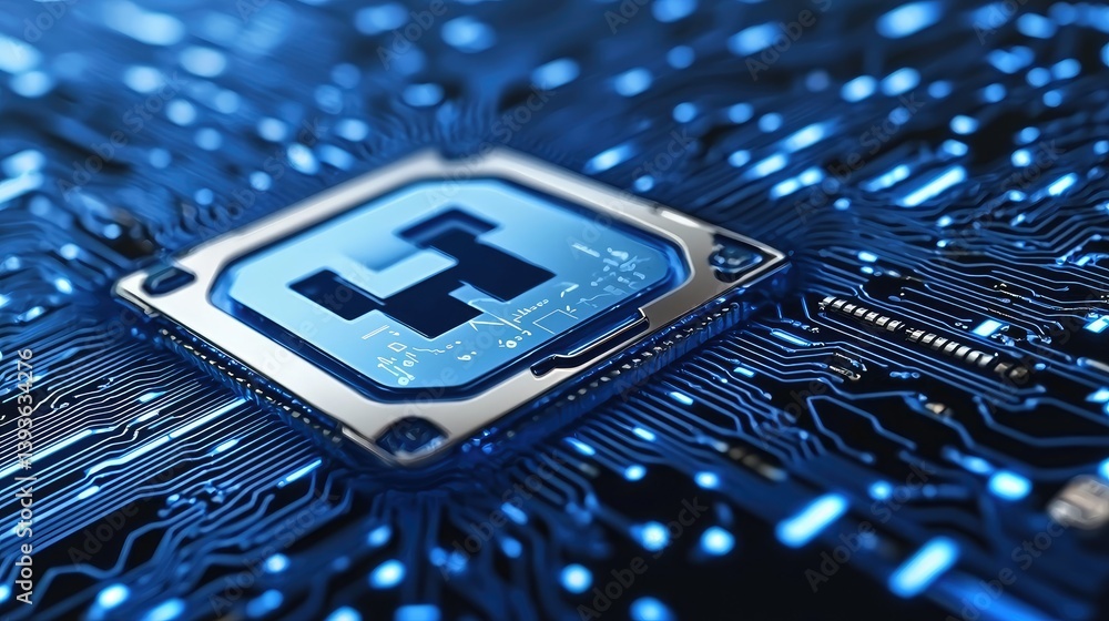 Poster close-up view of a technological circuit board with a gleaming central processor, symbolizing innova
