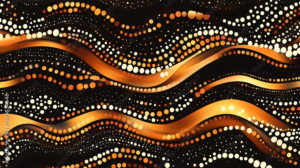 Poster an abstract design featuring flowing golden and white waves against a black background, creating a d