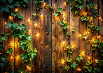 Obraz premium Warm Ambiance Rustic Wooden Wall Decorated with Glowing String Lights and Ivy A Cozy Escape