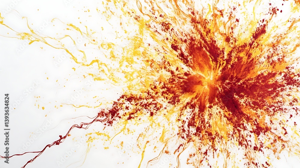 Poster an abstract design showcasing vibrant splashes of orange and red paint against a white background, c
