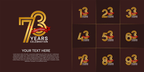 Anniversary logo style double line number set. golden color with red ribbon for celebration event