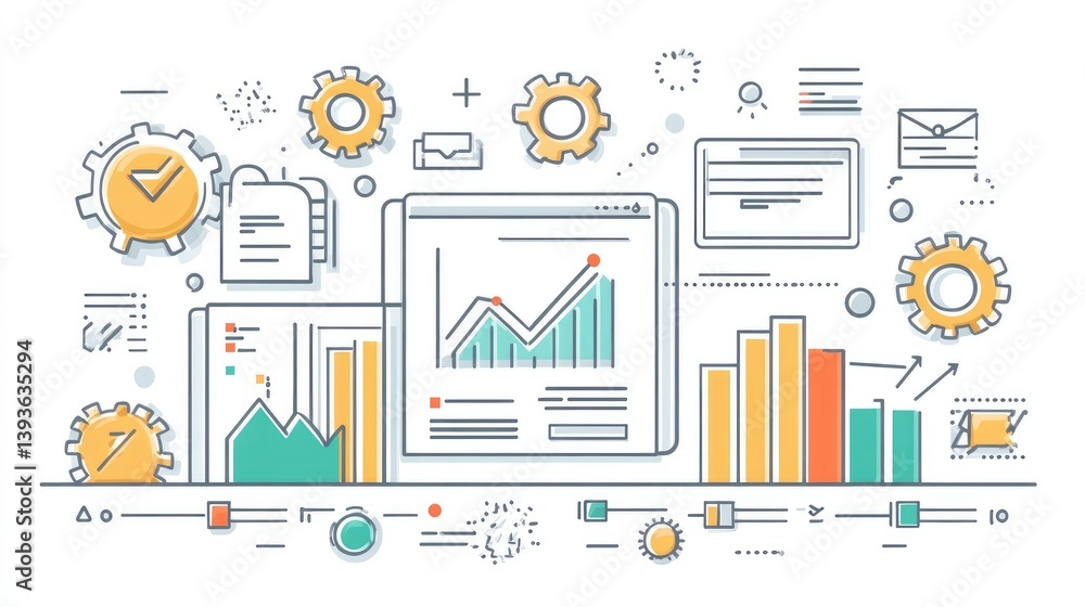 Poster business optimization through tech concept with gear icons, graphs, and workflow arrows