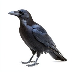 Fototapeta premium Black Raven with White Beak Profile View on White Background