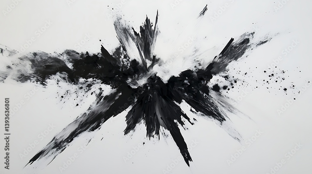 Poster abstract expressionist painting featuring dynamic strokes of black paint on a white canvas creating 