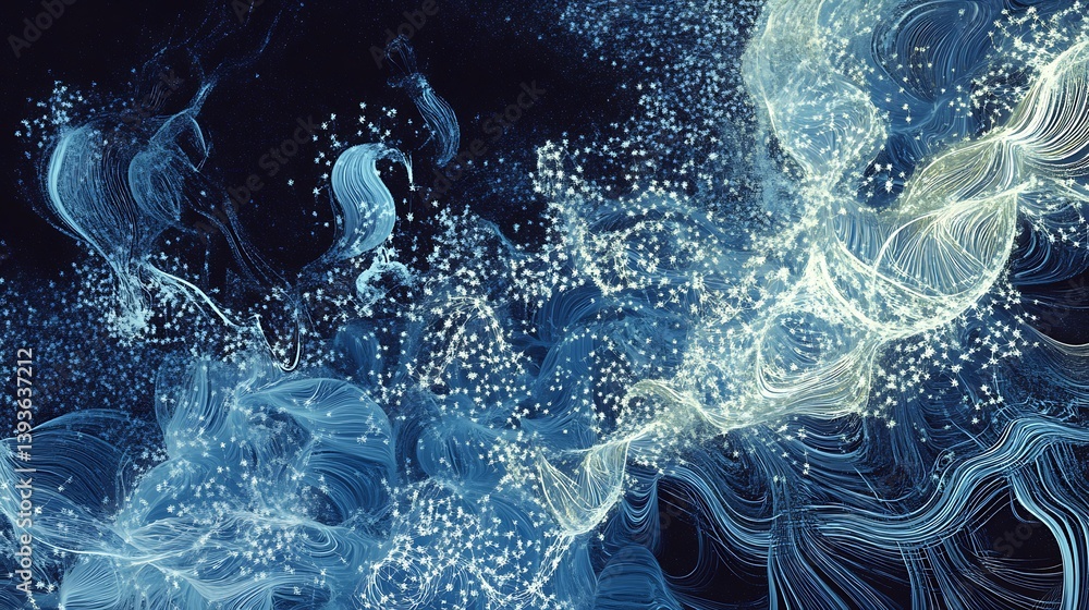 Aufkleber abstract depiction of dynamic, fluid motion with swirling blue and white particles against a dark ba