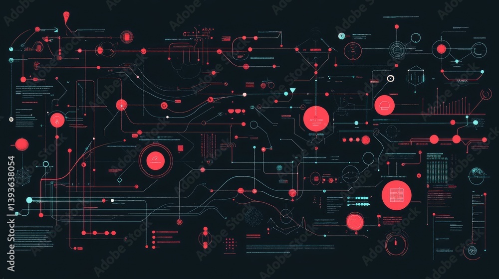 Poster digital business workflow design featuring layered diagrams, nodes, and cloud tech overlays