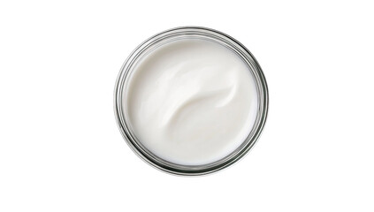 a close-up view of a glass jar filled with smooth white cream showcasing its texture and consistency. creamy substance ideal for culinary or cosmetic applications
