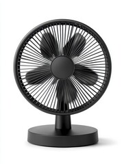 Black Table Fan with Round Base on White Background