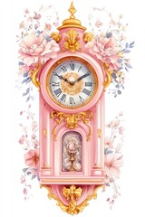 A decorative pink clock surrounded by floral watercolor embellishments