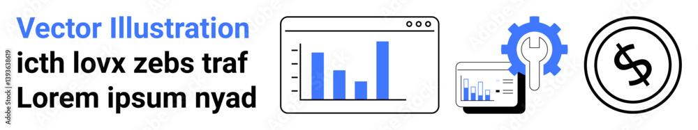 Poster bar charts in browser window and tablet, gear with wrench, and currency highlight data management an