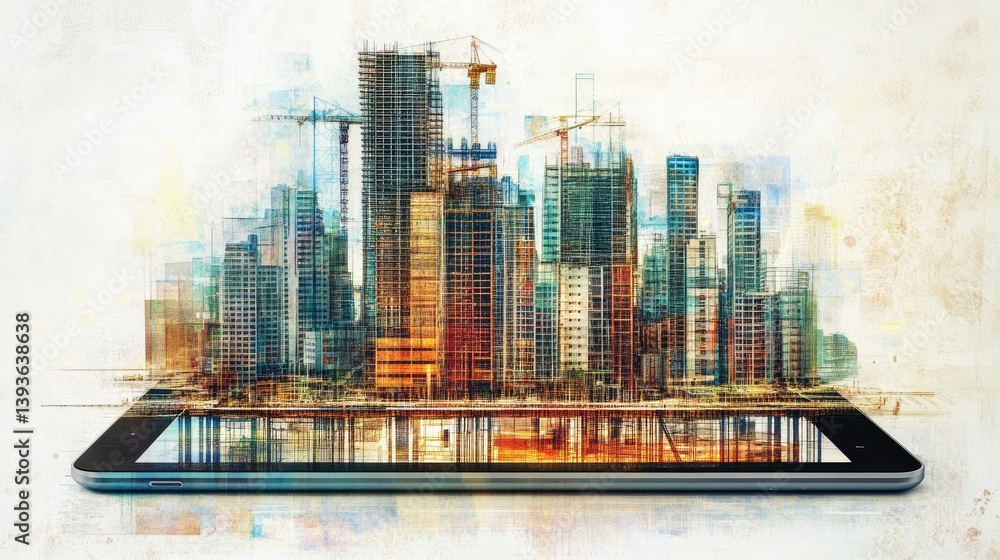Poster digital tablet with cross-section view of a smart building under construction