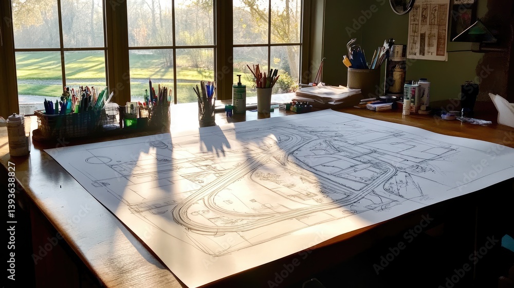 Poster drafting table with in-progress road design sketch, markers, and tracing paper