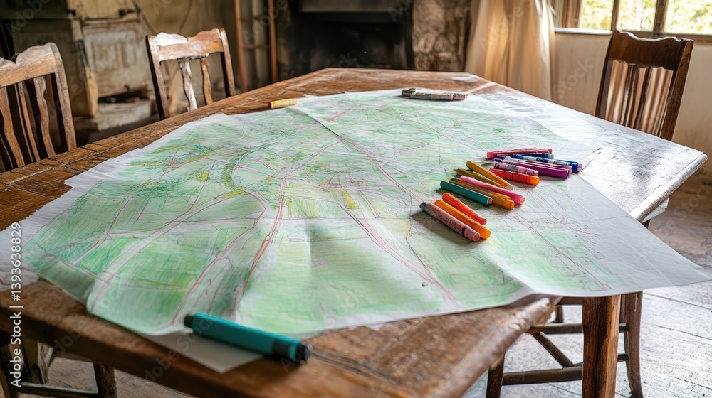 Poster drafting table with in-progress road design sketch, markers, and tracing paper