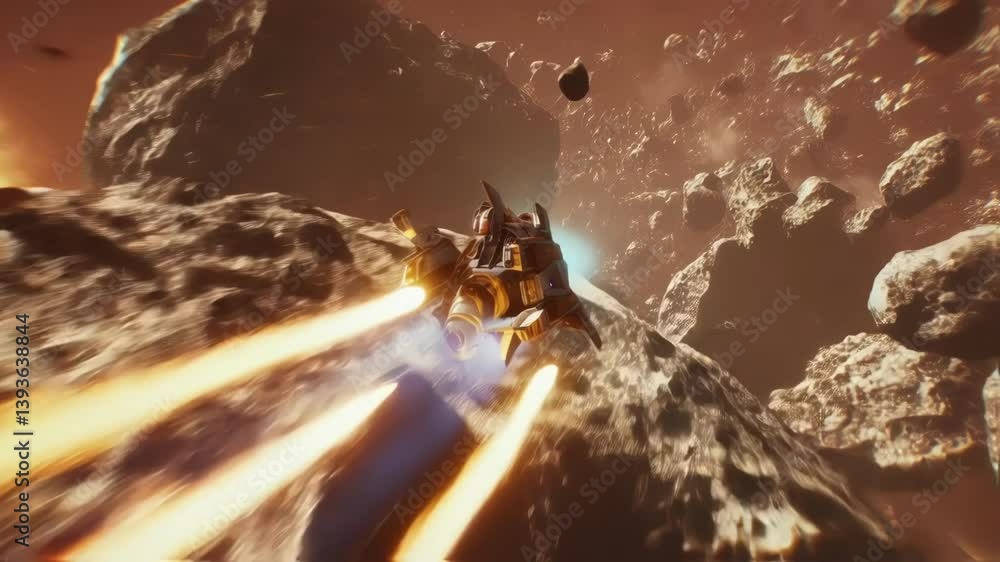 Poster spaceship is skillfully maneuvering through a dense and hazardous asteroid field, set against the ba