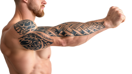 Png of A muscular Caucasian male showcasing intricate tribal tattoos on his right arm, flexing with determination.
