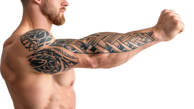 Png of A muscular Caucasian male showcasing intricate tribal tattoos on his right arm, flexing with determination.