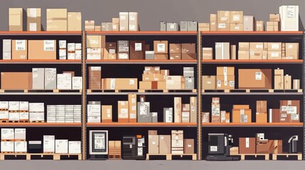 E-commerce concept with warehouse shelves, shipping labels, and barcode scanners digitally illustrated