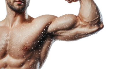 Png of A muscular Caucasian man flexes his bicep, glistening with water droplets, showcasing strength and fitness in a dramatic pose.