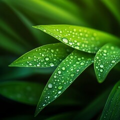 Fototapeta premium Close Up of Dew Drops on Vibrant Green Leaves
