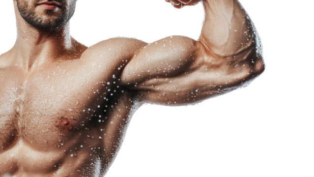 Png of A muscular Caucasian man flexes his bicep, glistening with water droplets, showcasing strength and fitness in a dramatic pose. - Powered by Adobe