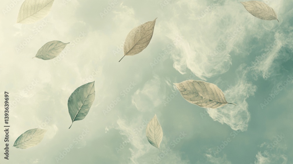 Poster Floating leaves weave through soft neutral clouds creating a serene atmosphere of natural rhythm and peacefulness in the sky