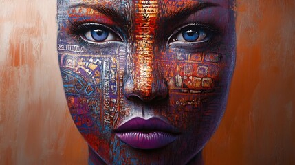 Tribal mask ceremony with bold brushstrokes showing intricate designs and glowing firelight