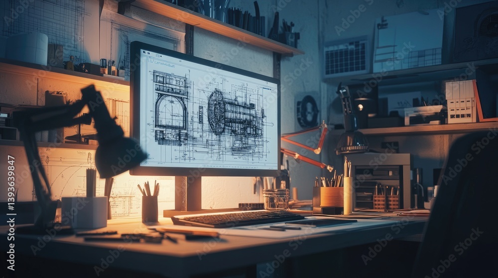 Poster engineering workstation with cad software on screen, surrounded by drafting tools and blueprints, un