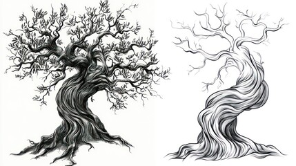 Fototapeta premium Two detailed black and white drawings of an old, gnarled tree. One is shaded, the other has flowing lines