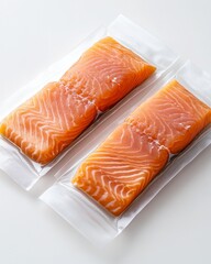 Fresh salmon fillets in vacuum seal packaging against white background