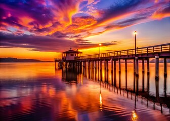 Obraz premium Seattle Fishing Pier Silhouette at Sunset Breathtaking Panoramic View Capturing the Citys Majestic Charm