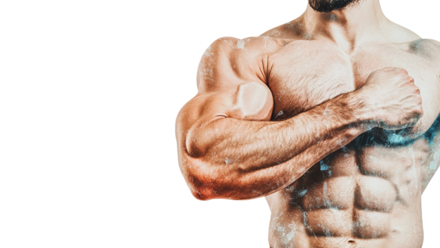 Png of A fit male model showcasing a muscular physique with defined abs, exuding confidence against a contrasting backdrop.