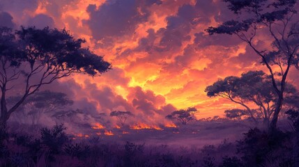 Fototapeta premium A vibrant sunset over a serene landscape with trees and dramatic clouds.