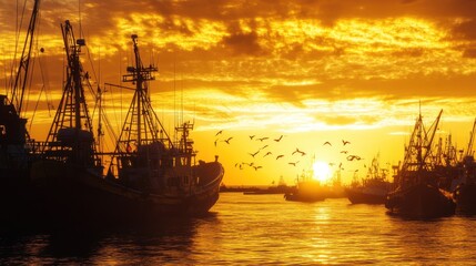 Fototapeta premium A serene sunset over a fishing harbor with boats and birds in the sky.