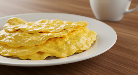 Side View of Scrambled Eggs and Coffee on Wooden Table