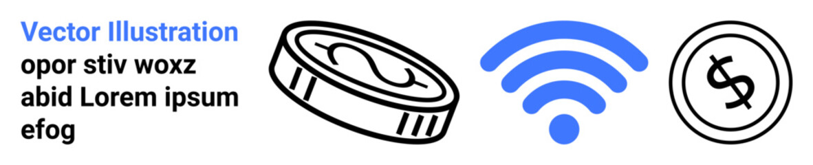 Coin, blue wireless icon, dollar sign circle representing digital payments, wireless transactions, modern banking. Ideal for fintech, e-commerce, connectivity, online shopping contactless payment