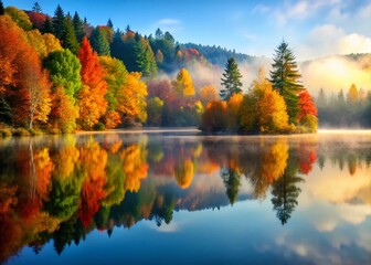 Fototapeta premium Autumnal Serenity A Misty Lake Reflecting Vibrant Fall Foliage in a Breathtaking Stillness