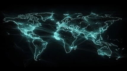A glowing, digital representation of a world map with interconnected lines.