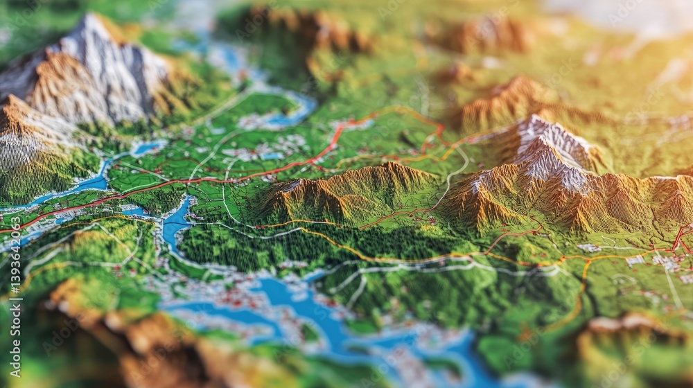 Poster high-tech gis software interface displaying road access and terrain overlays
