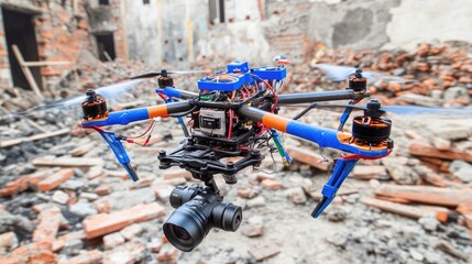 High-resolution drone camera mounted on construction site drone