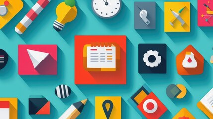 Icons arranged on vibrant background including contract, growth, goal, and schedule