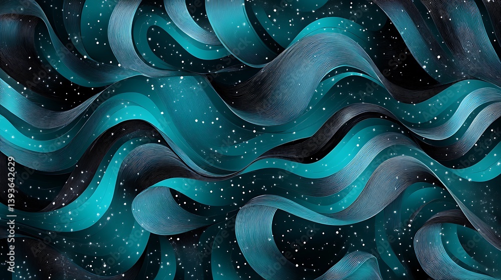 Poster abstract wave patterns in shades of turquoise and black with a starry background creating a dynamic 