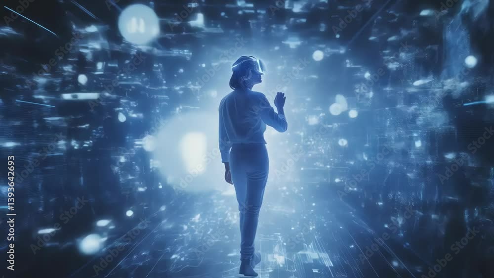 Aufkleber Software engineer wearing virtual reality headset interacts with digital environment, navigating through data visualizations and graphical elements in immersive cyberspace simulation