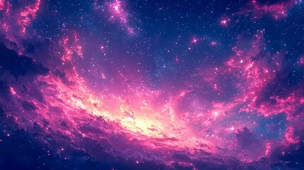Fototapeta premium Cosmic Dreamscape: A vibrant journey through a surreal galaxy filled with pink and purple nebulae, sparkling stars, and ethereal clouds. A breathtaking digital artwork.