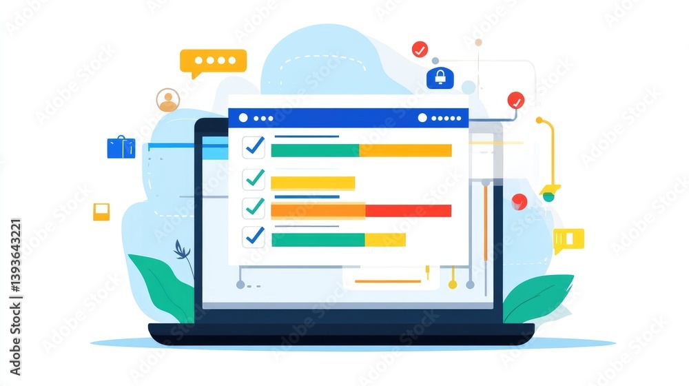 Poster laptop displaying project management dashboard with visual status tracking bars