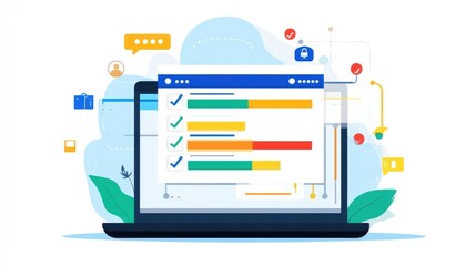 Laptop displaying project management dashboard with visual status tracking bars